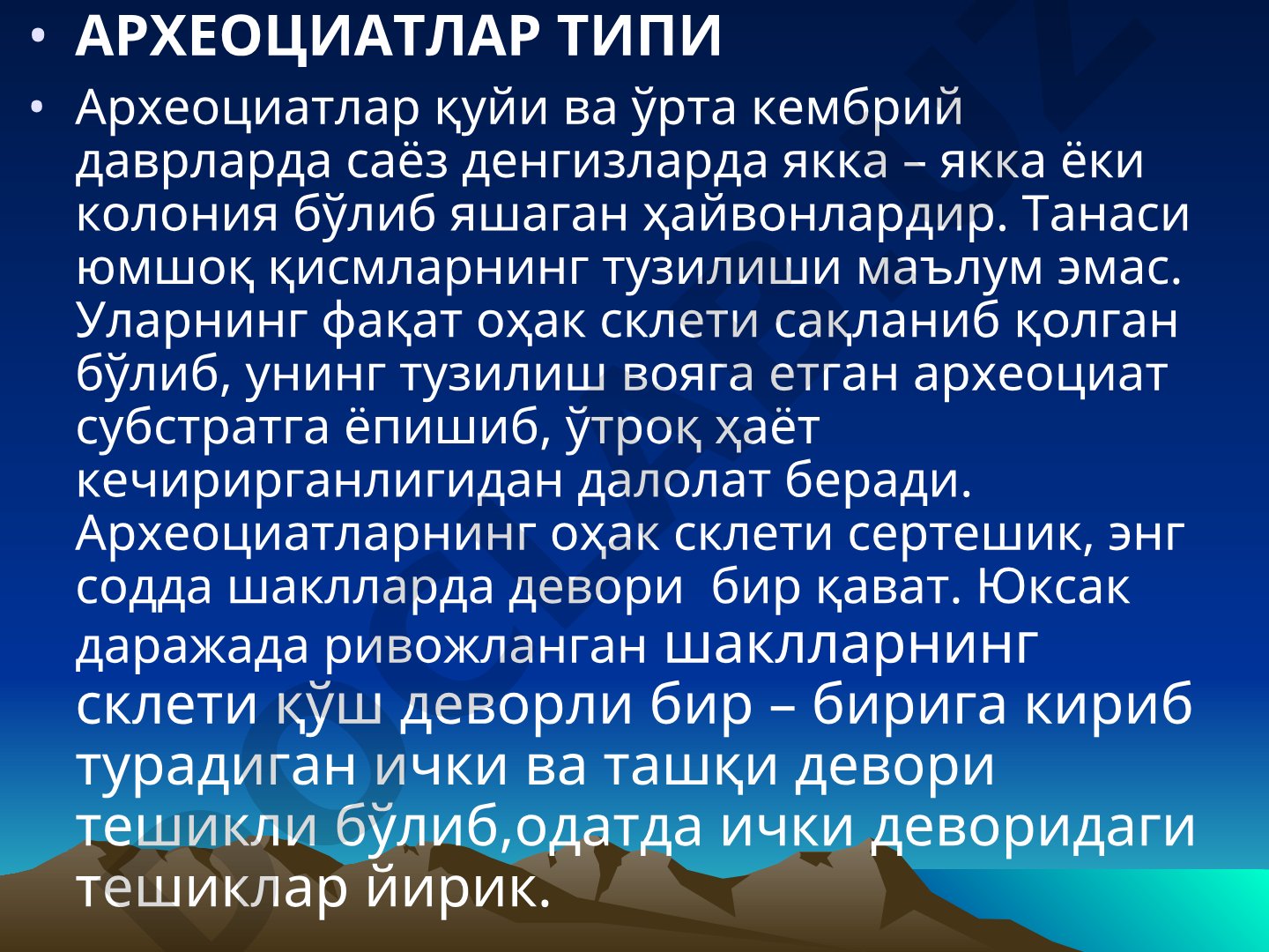 Археоциатлар қуйи ва ўрта кембрий денгиз ҳайвонлари: склети тузилиши