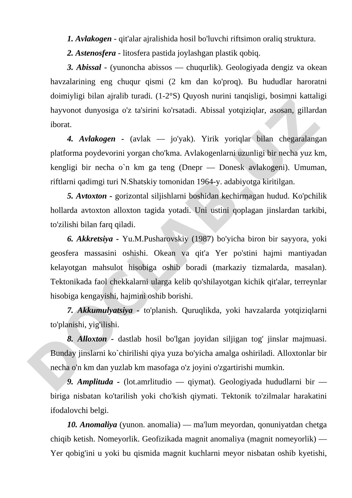 Geologik atamalar (avlakogen, astenosfera, abissal, avtoxton, akkretsiya) izohlari