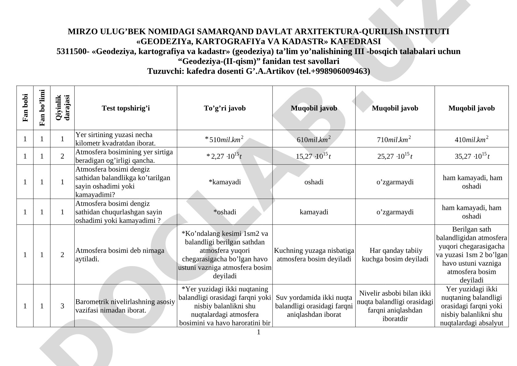 Geodeziya-(II-qism) fanidan test savollari