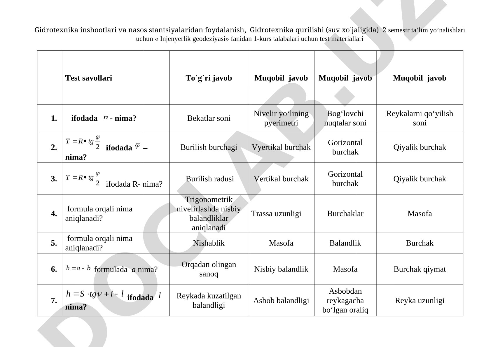 Gidrotexnika ta'lim yo'nalishlari uchun Injenyerlik geodeziyasi fanidan test materiallari