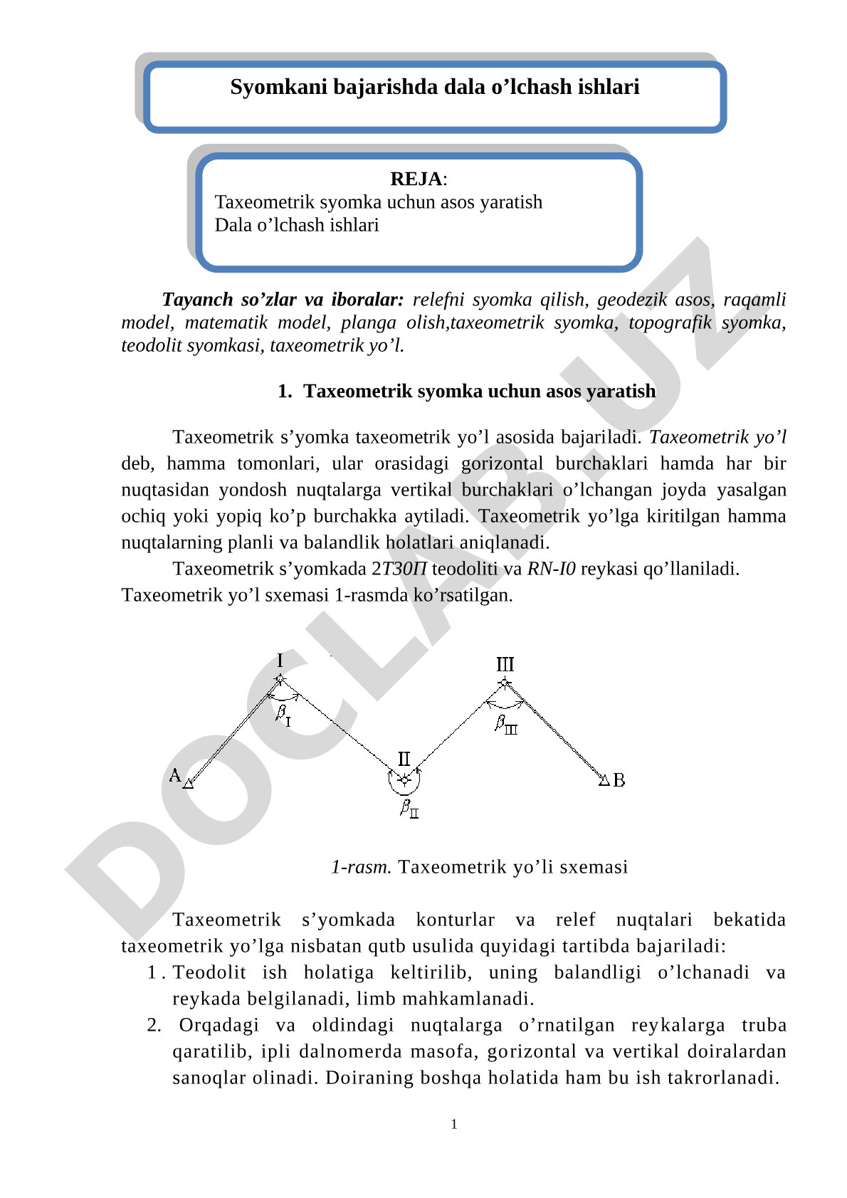 Taxeometrik syomka uchun asos yaratish