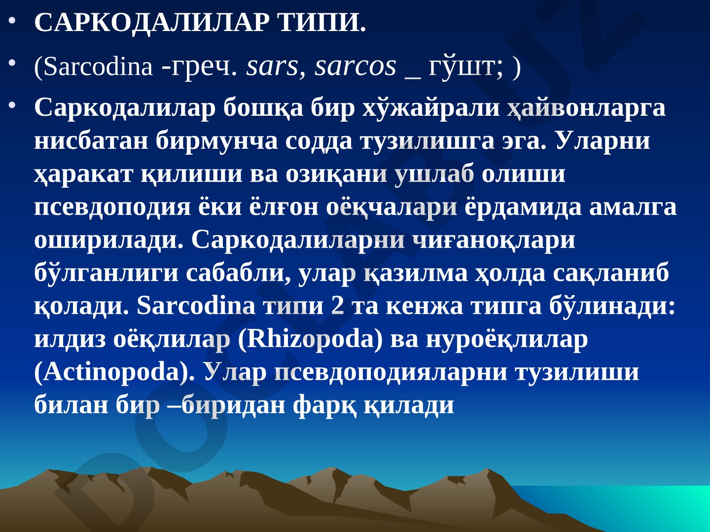 Саркодалилар типи, псевдоподиялар, Rhizopoda ва Actinopoda кенжа типлари ҳақида