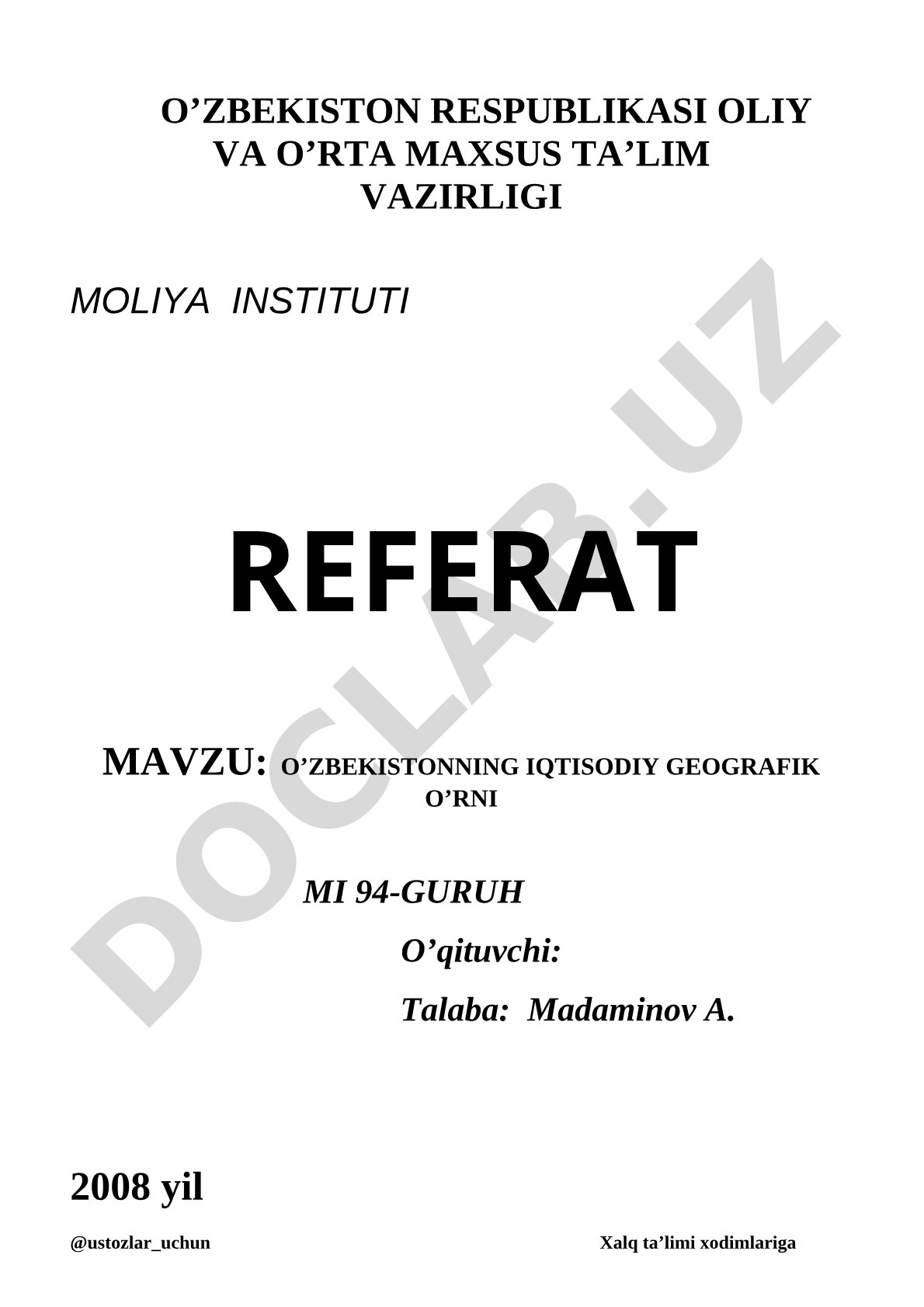 O’ZBEKISTONNING IQTISODIY GEOGRAFIK O’RNI
