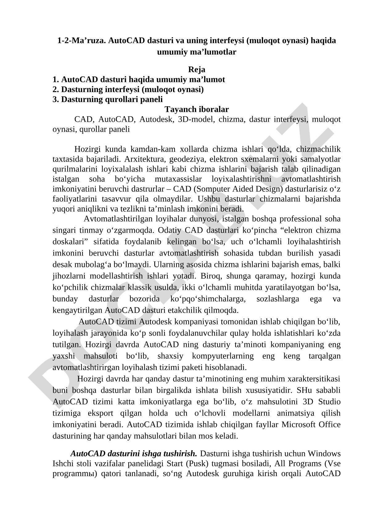 AutoCAD dasturi va uning interfeysi (muloqot oynasi) haqida umumiy ma’lumotlar