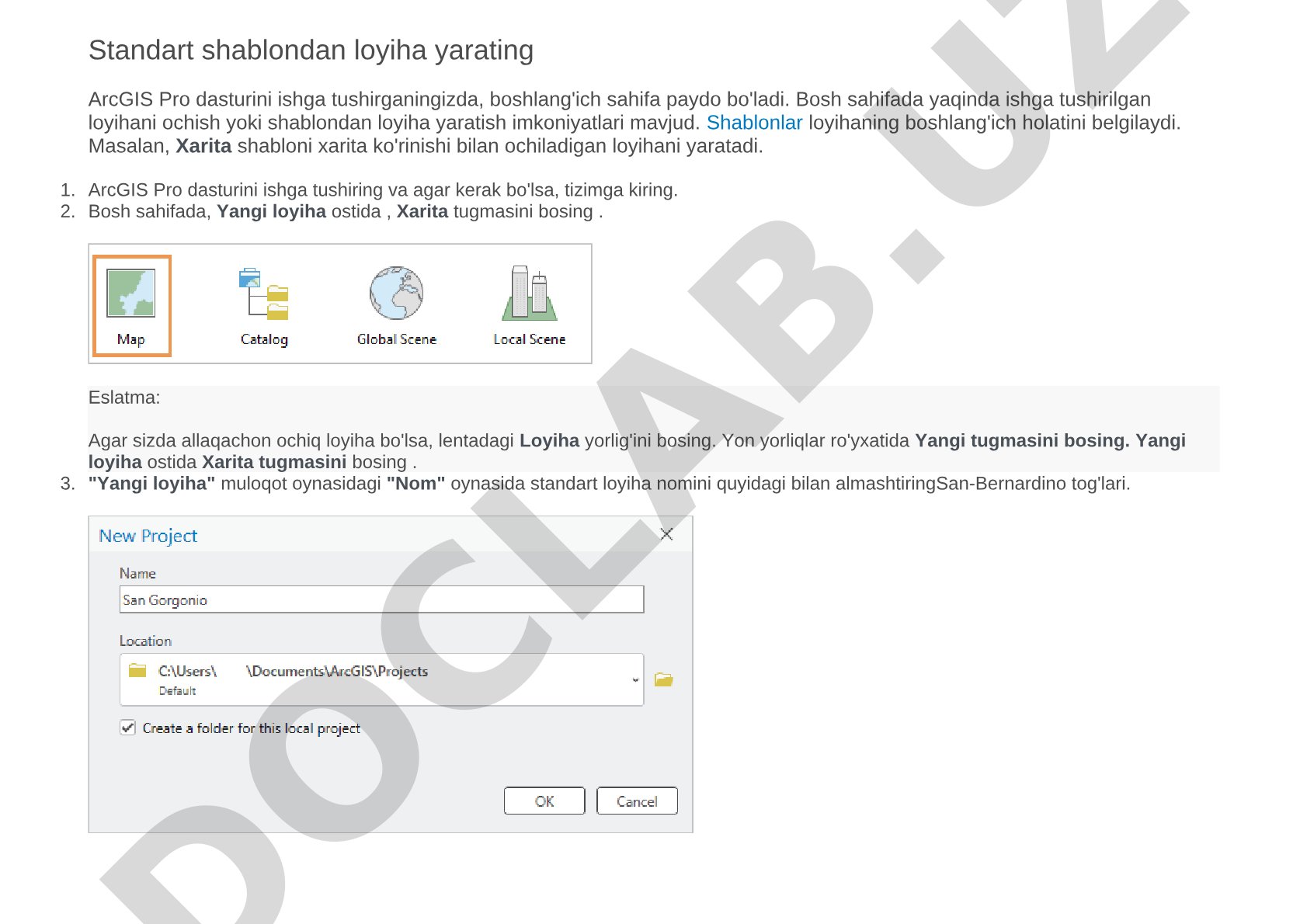 ArcGIS Pro da Xarita shabloni asosida loyiha yaratish