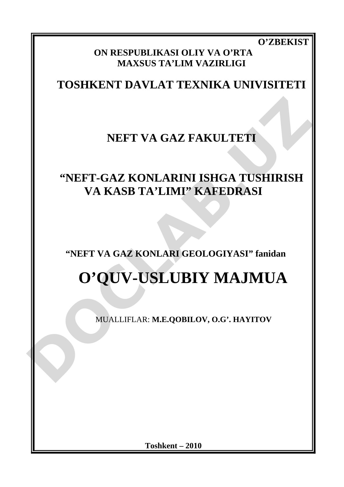 Neft va gaz konlari geologiyasi fanidan o'quv-uslubiy majmua