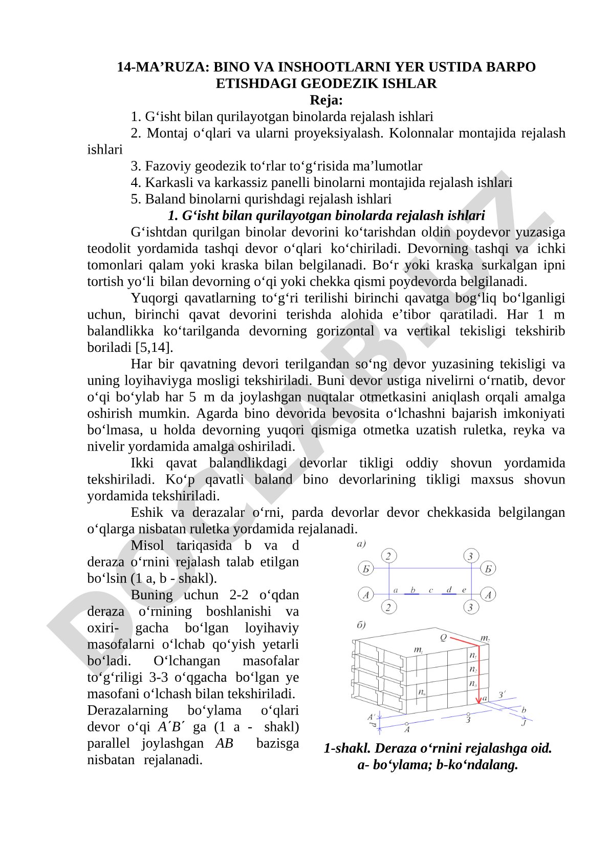 Bino va inshootlarni yer ustida barpo etishdagi geodezik ishlar
