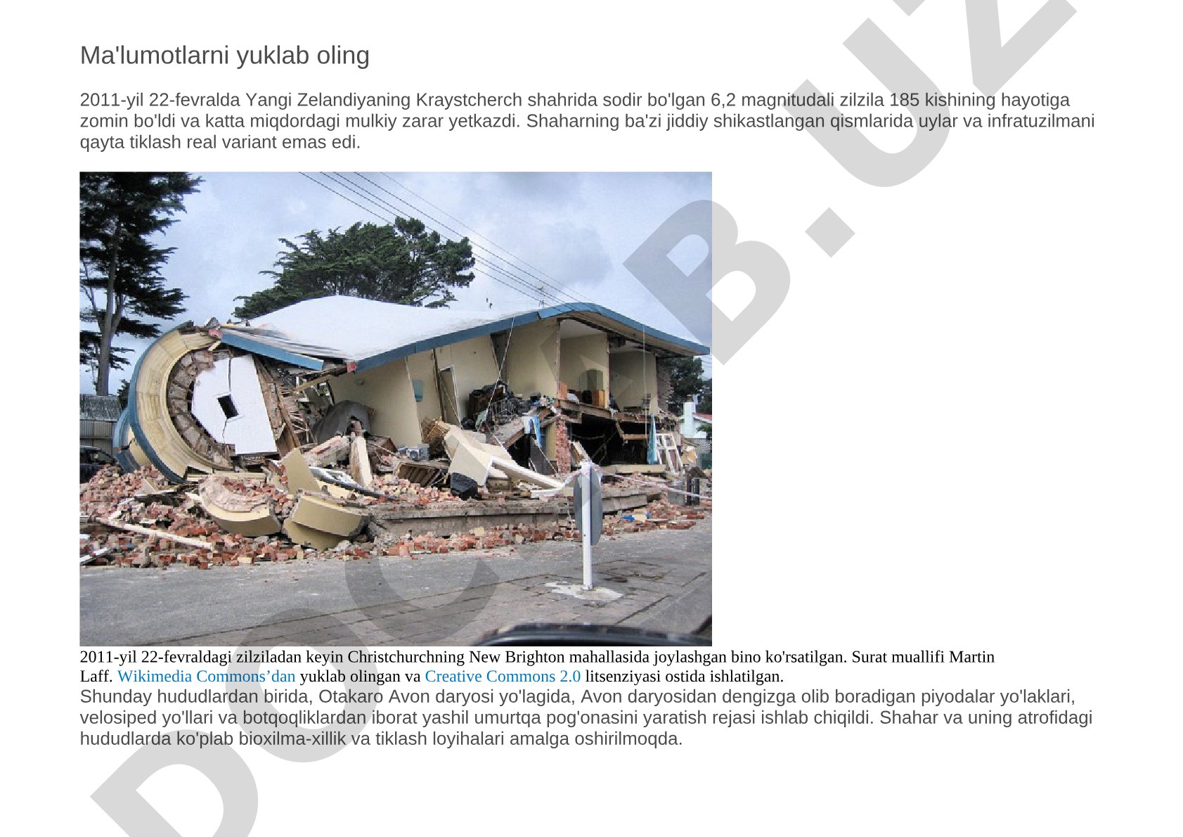 Kraystcherch zilzilasidan keyin tiklash loyihalari ma'lumotlari