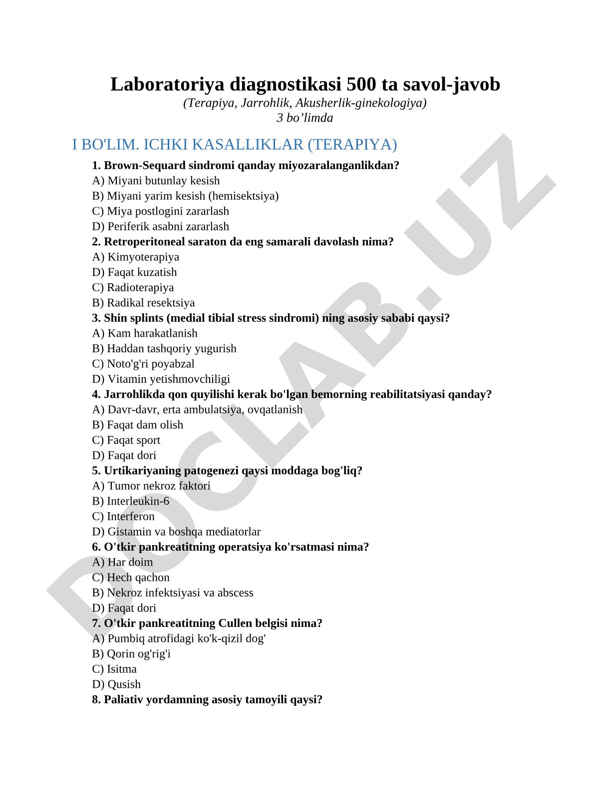 Laboratoriya diagnostikasi 500 ta savol-javob (Terapiya, Jarrohlik, Akusherlik-ginekologiya)3 bo’limda