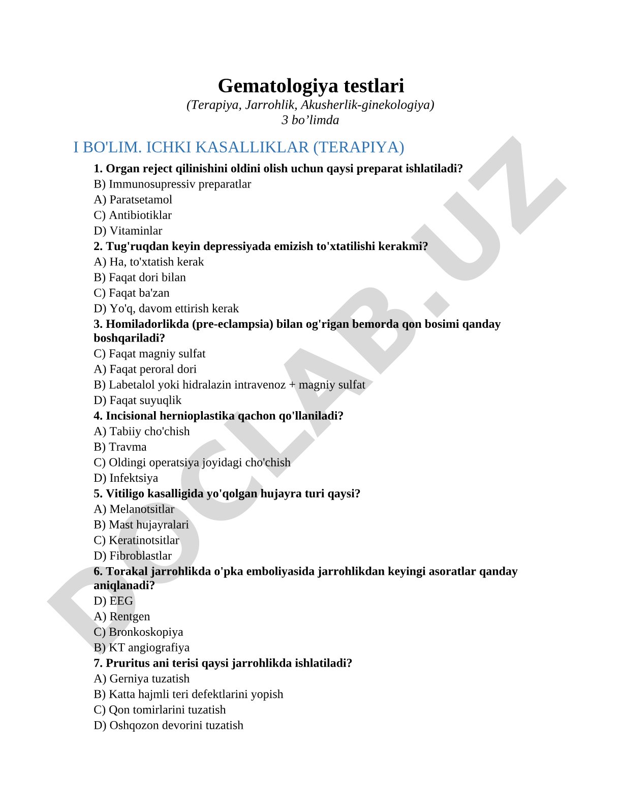 Gematologiya testlari (Terapiya, Jarrohlik, Akusherlik-ginekologiya)