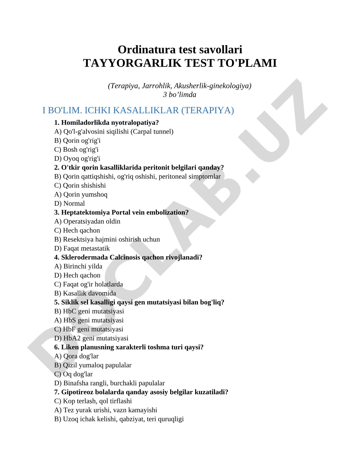 Ordinatura test savollari Tayyorgarlik test to'plami (Terapiya, Jarrohlik, Akusherlik-ginekologiya) 3 bo'limda