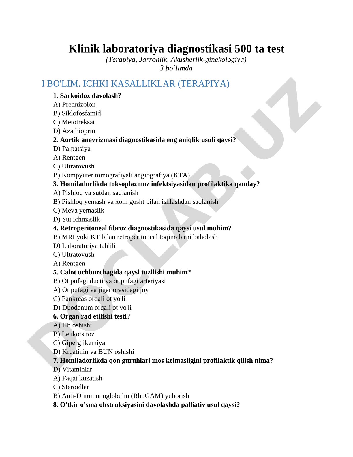 Klinik laboratoriya diagnostikasi 500 ta test (Terapiya, Jarrohlik, Akusherlik-ginekologiya)