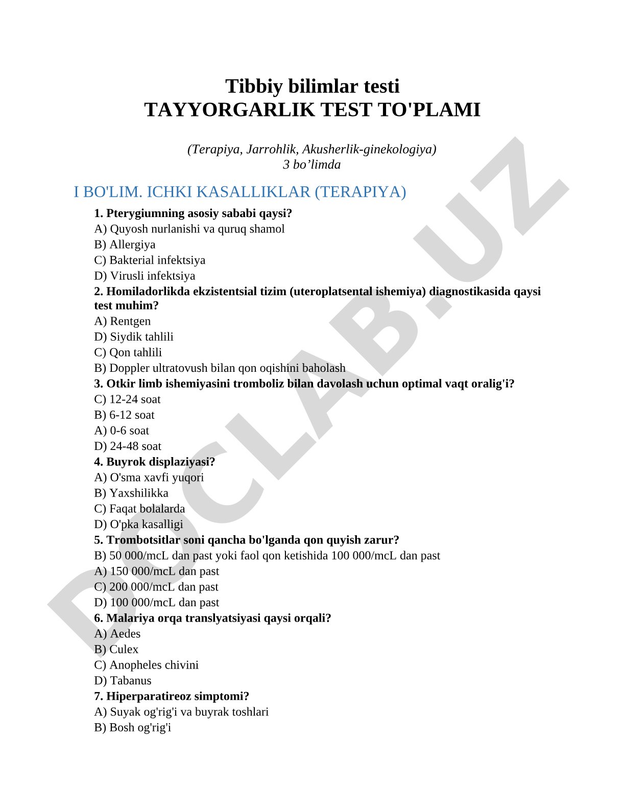 Tibbiy bilimlar testi Tayyorgarlik test to'plami (Terapiya, Jarrohlik, Akusherlik-ginekologiya)