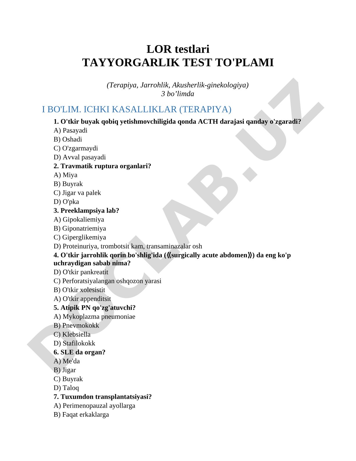 LOR testlari Tayyorgarlik test to'plami (Terapiya, Jarrohlik, Akusherlik-ginekologiya)