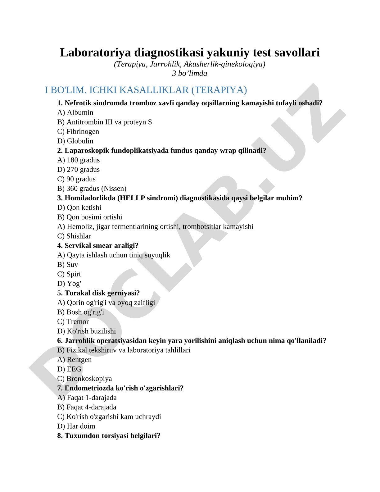 Laboratoriya diagnostikasi yakuniy test savollari (Terapiya, Jarrohlik, Akusherlik-ginekologiya)