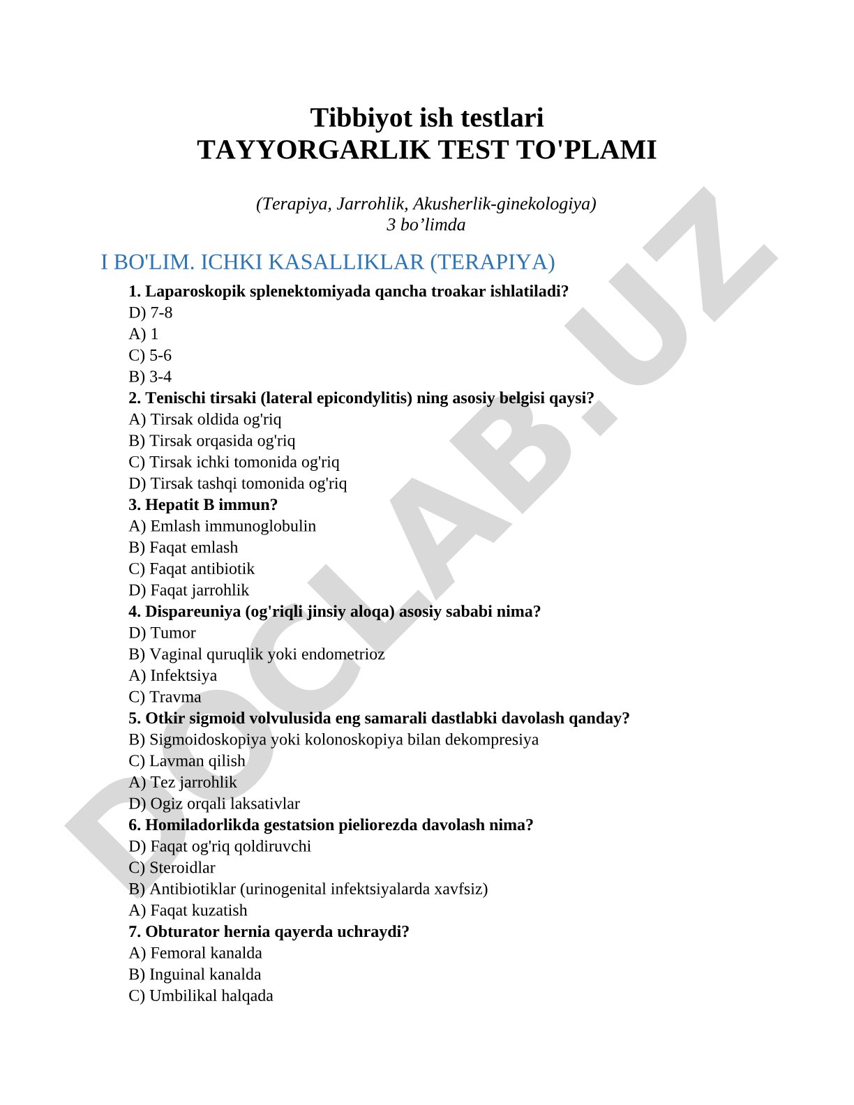 Tibbiyot ish testlari Tayyorgarlik test to'plami (Terapiya, Jarrohlik, Akusherlik-ginekologiya)