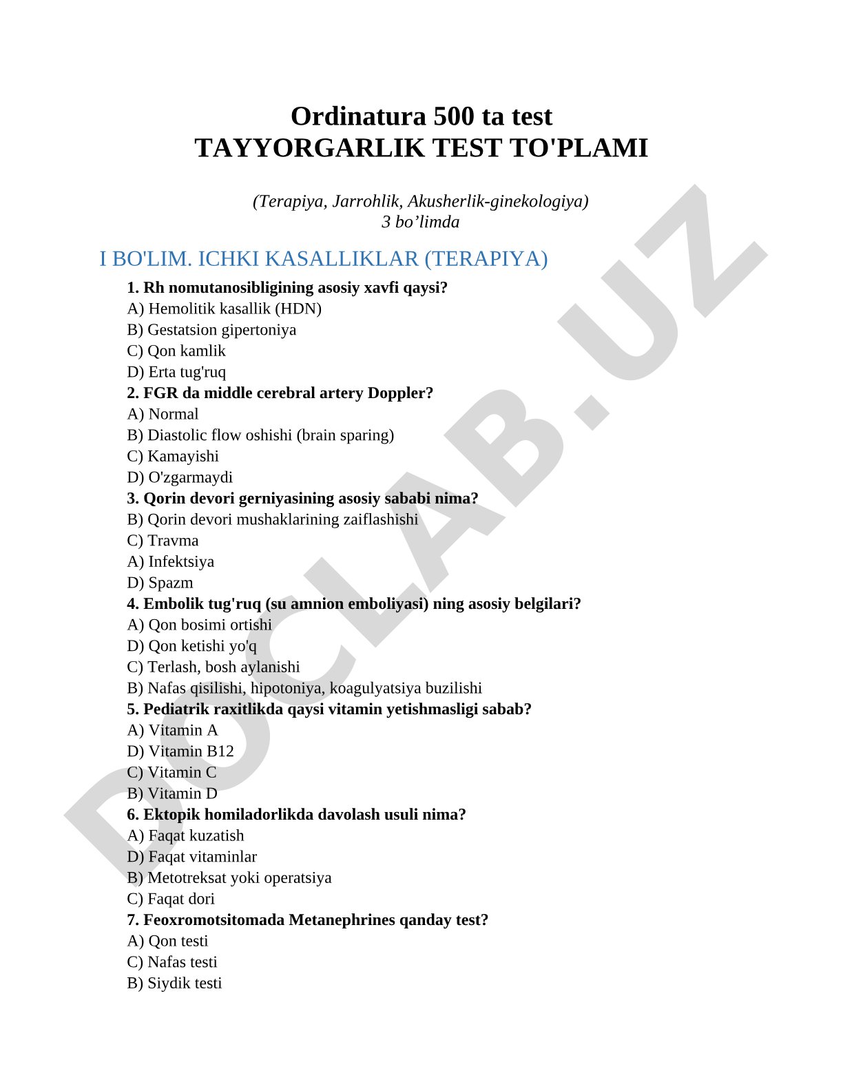 Ordinatura Terapiya Jarrohlik Akusherlik-ginekologiya
