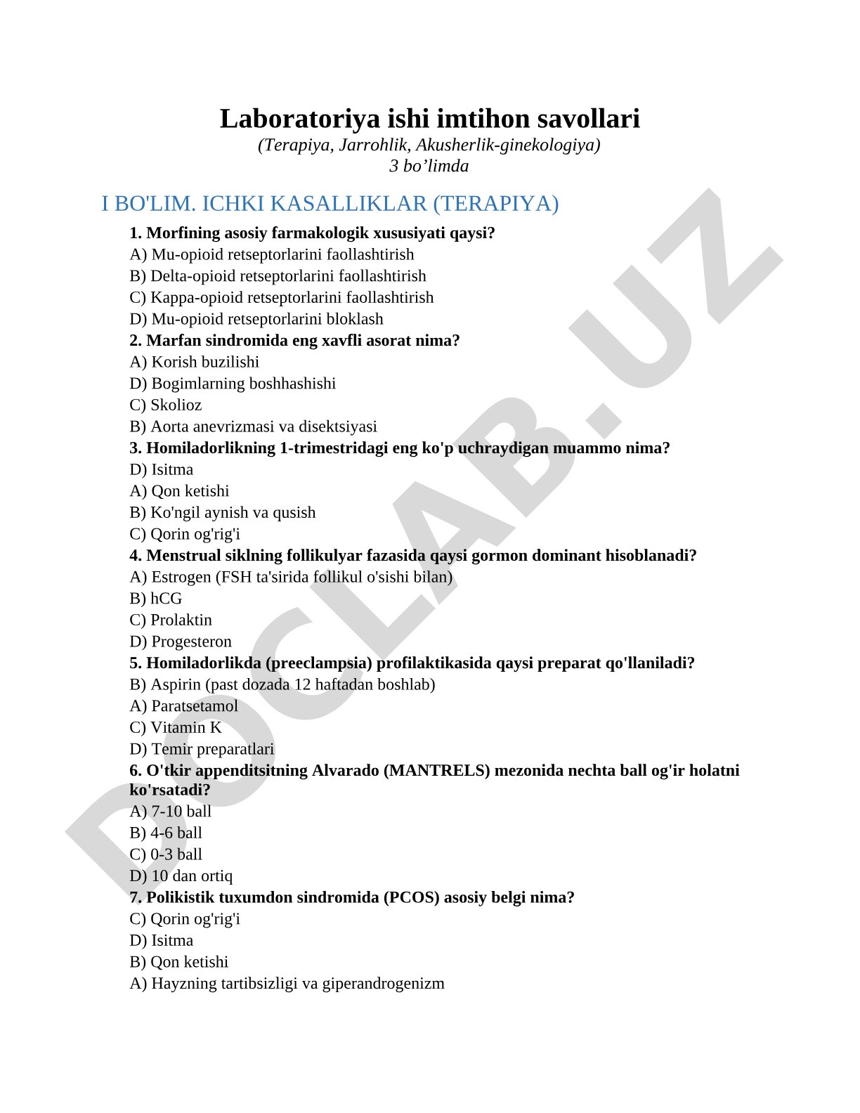 Laboratoriya ishi imtihon savollari (Terapiya, Jarrohlik, Akusherlik-ginekologiya)