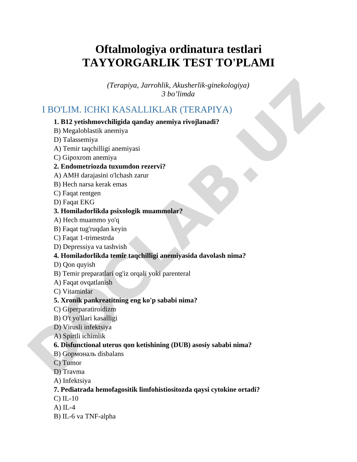 Oftalmologiya ordinatura testlari Tayyorgarlik Test To'plami (Terapiya, Jarrohlik, Akusherlik-ginekologiya)