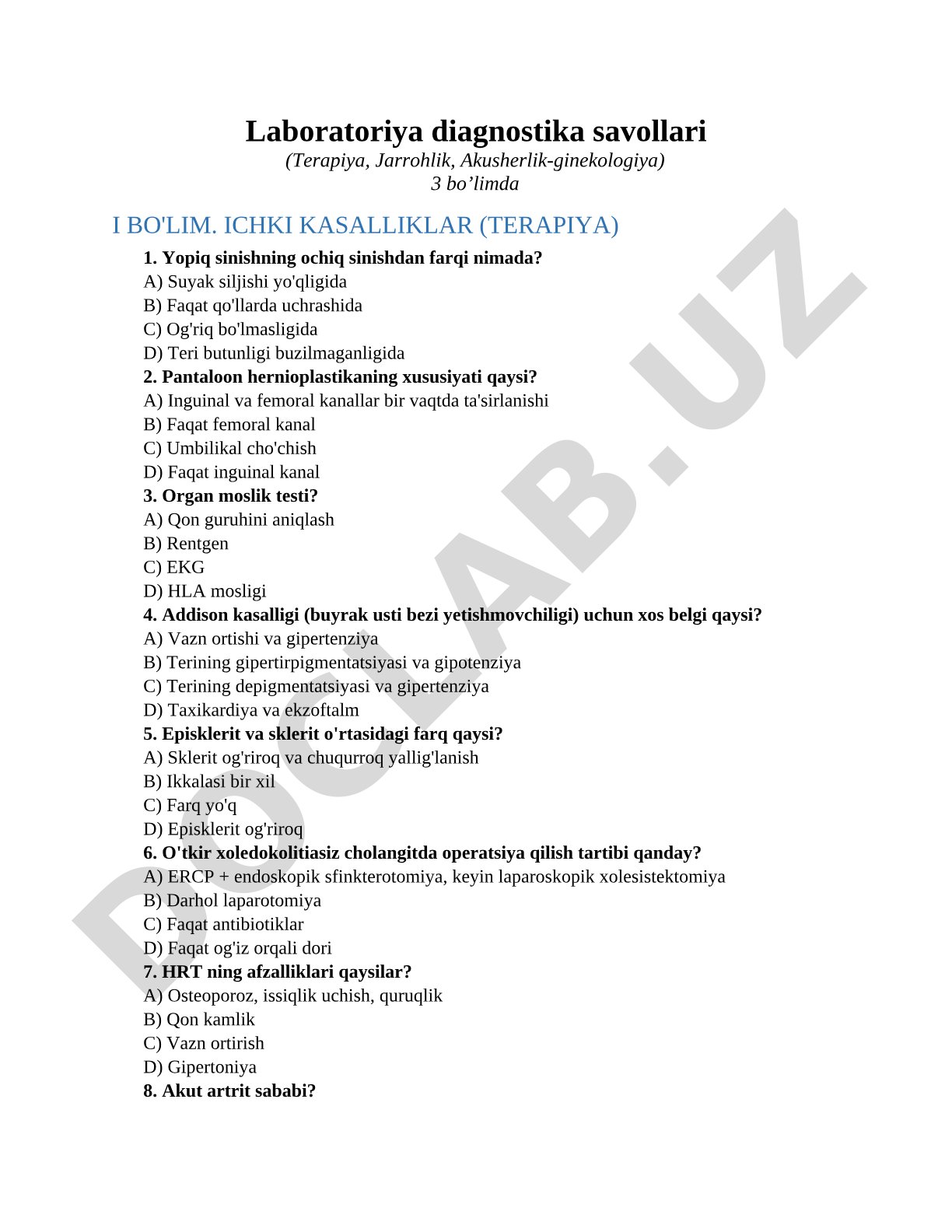 Laboratoriya diagnostika savollari (Terapiya, Jarrohlik, Akusherlik-ginekologiya)