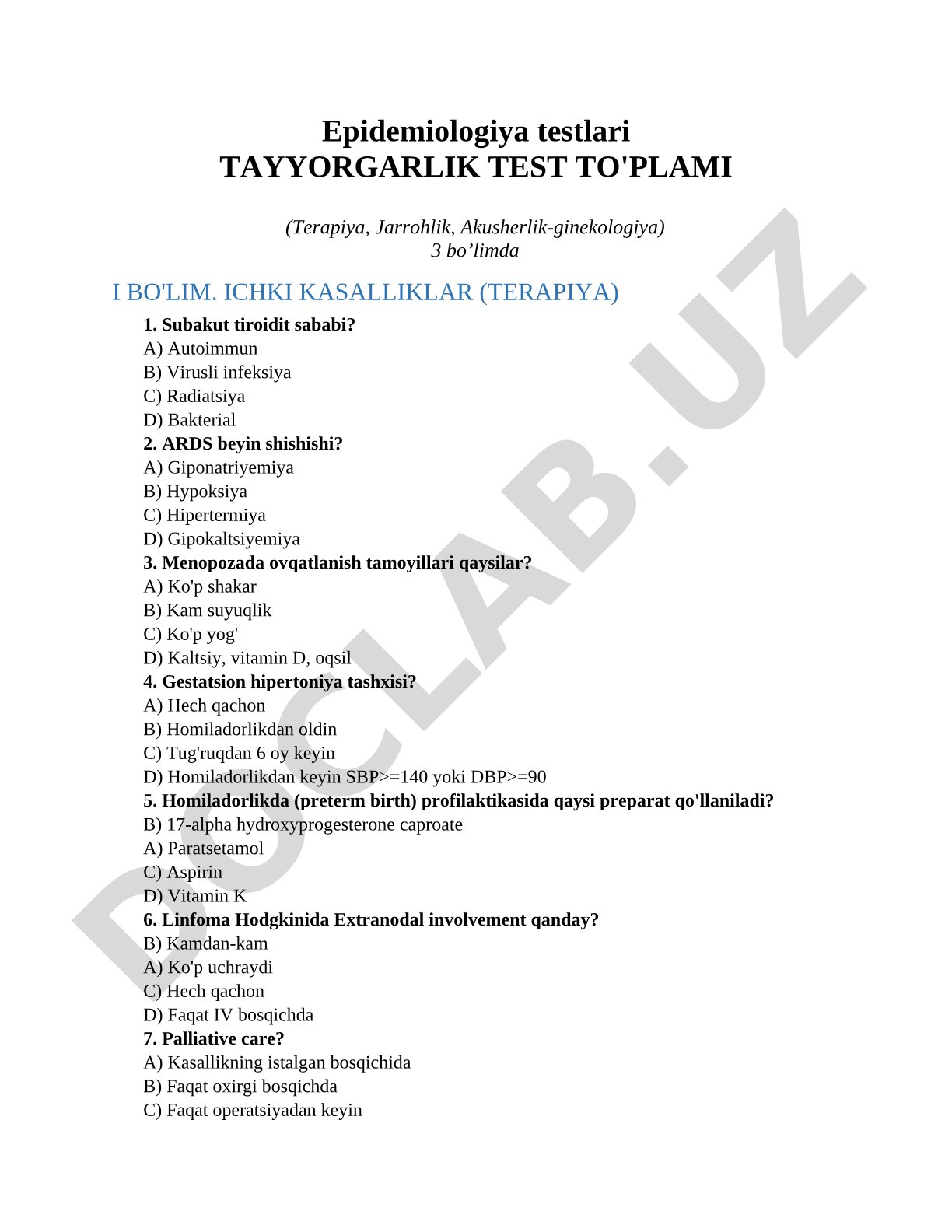 Epidemiologiya testlari tayyorgarlik test to'plami (Terapiya, Jarrohlik, Akusherlik-ginekologiya)