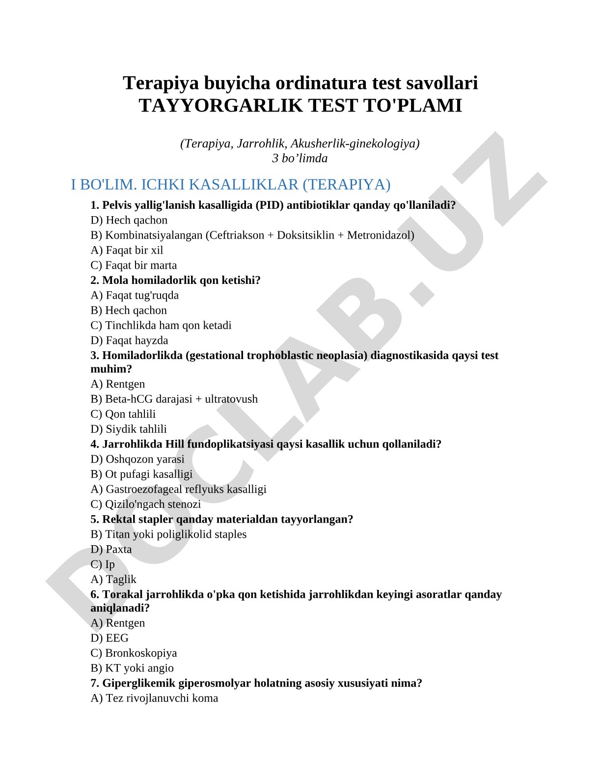 Terapiya buyicha ordinatura test savollari