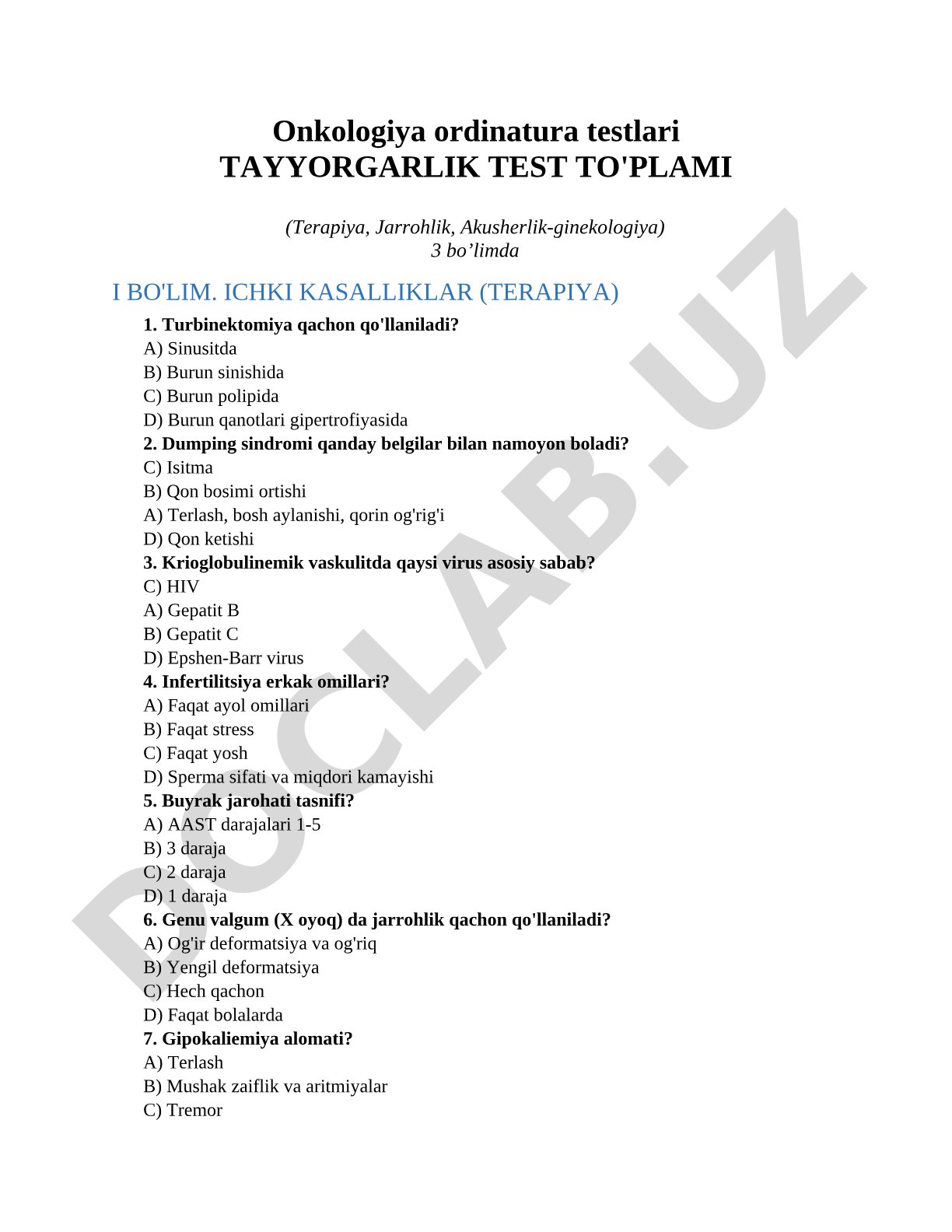 Onkologiya ordinatura testlari tayyorgarlik test to'plami (Terapiya, Jarrohlik, Akusherlik-ginekologiya)