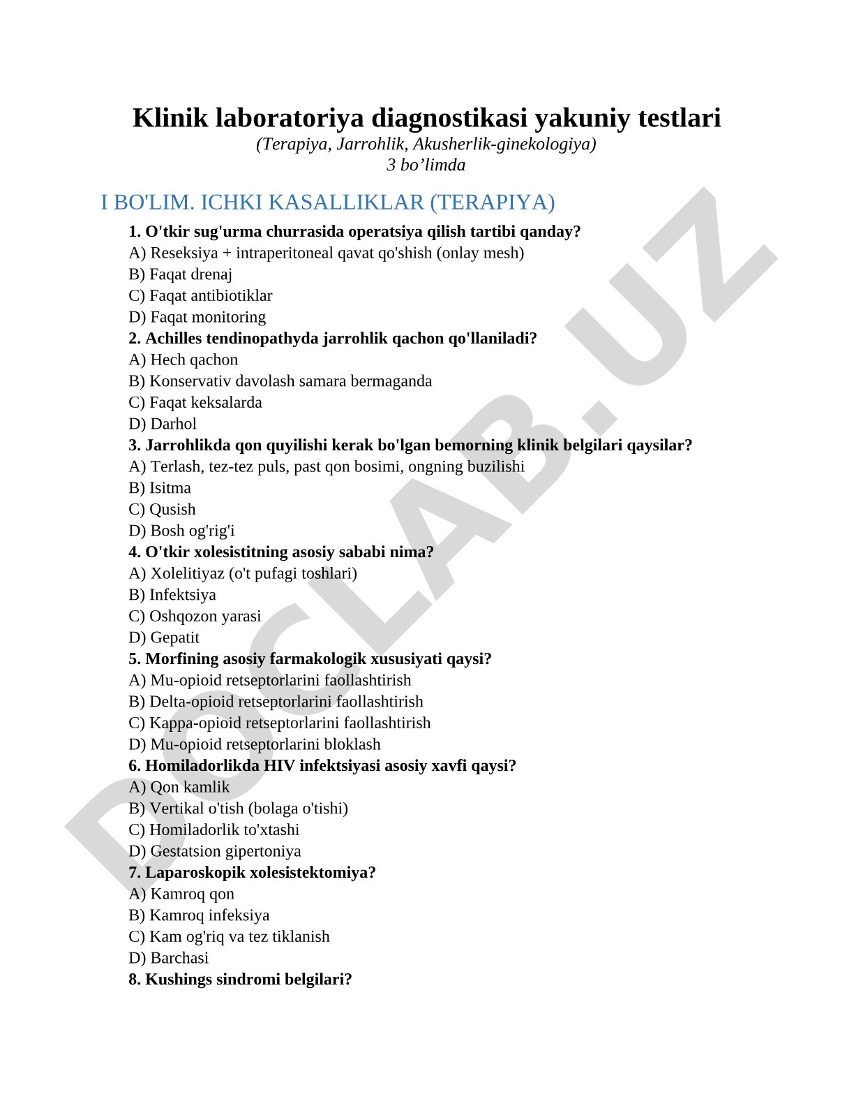 Klinik laboratoriya diagnostikasi yakuniy testlari (Terapiya, Jarrohlik, Akusherlik-ginekologiya)