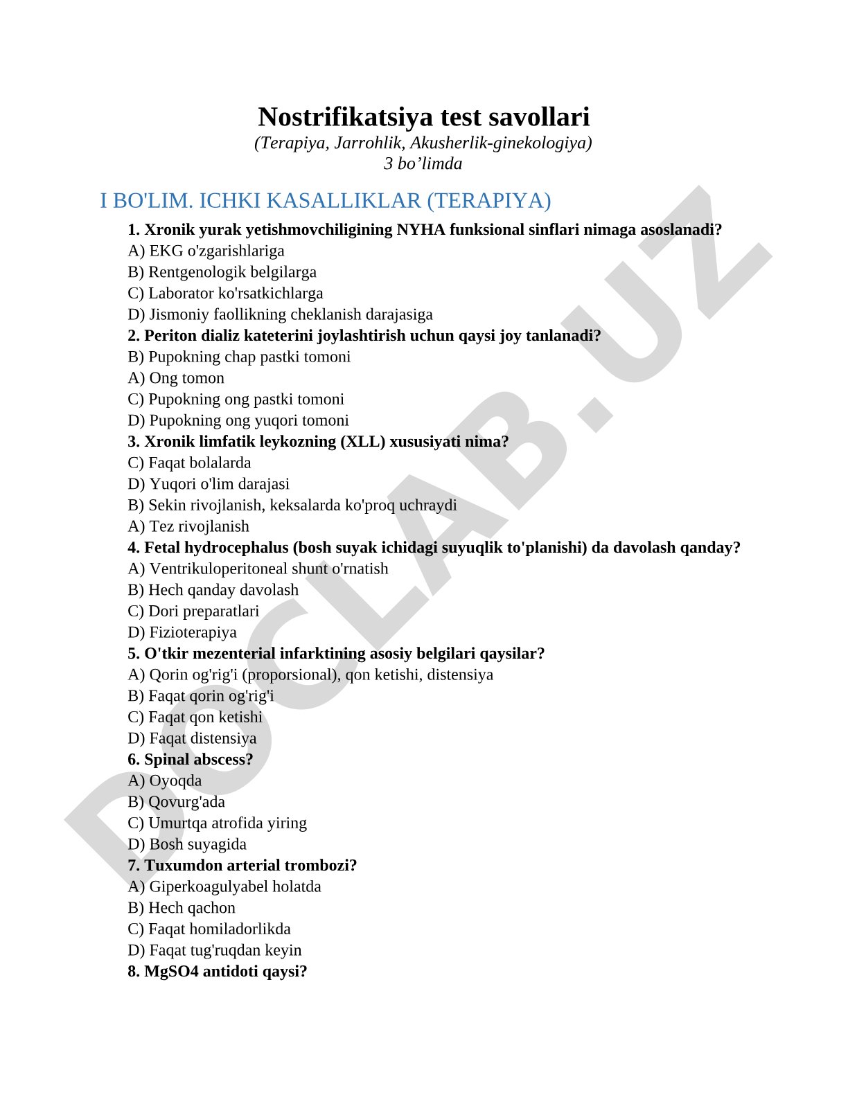 Nostrifikatsiya test savollari (Terapiya, Jarrohlik, Akusherlik-ginekologiya)