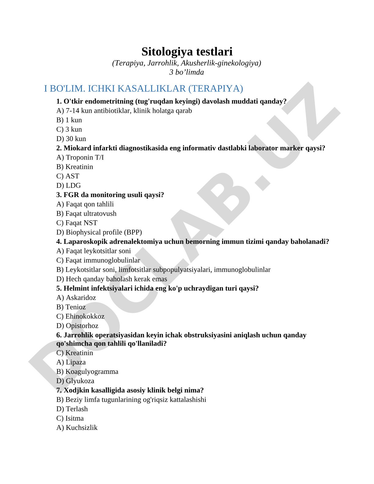 Sitologiya testlari (Terapiya, Jarrohlik, Akusherlik-ginekologiya)