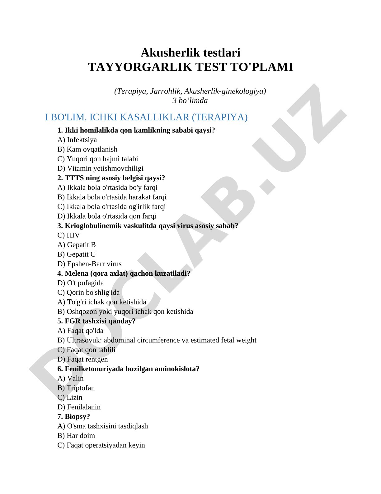 Akusherlik testlari tayyorgarlik test to'plami