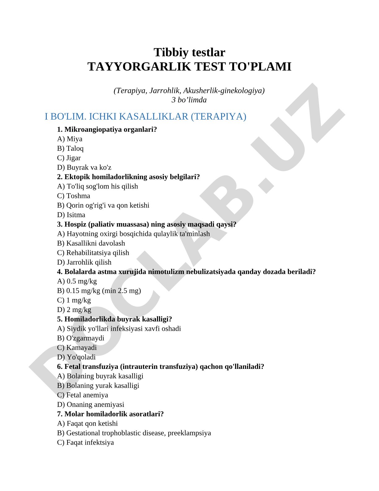 Tibbiy testlar tayyorgarlik test to'plami (Terapiya, Jarrohlik, Akusherlik-ginekologiya)