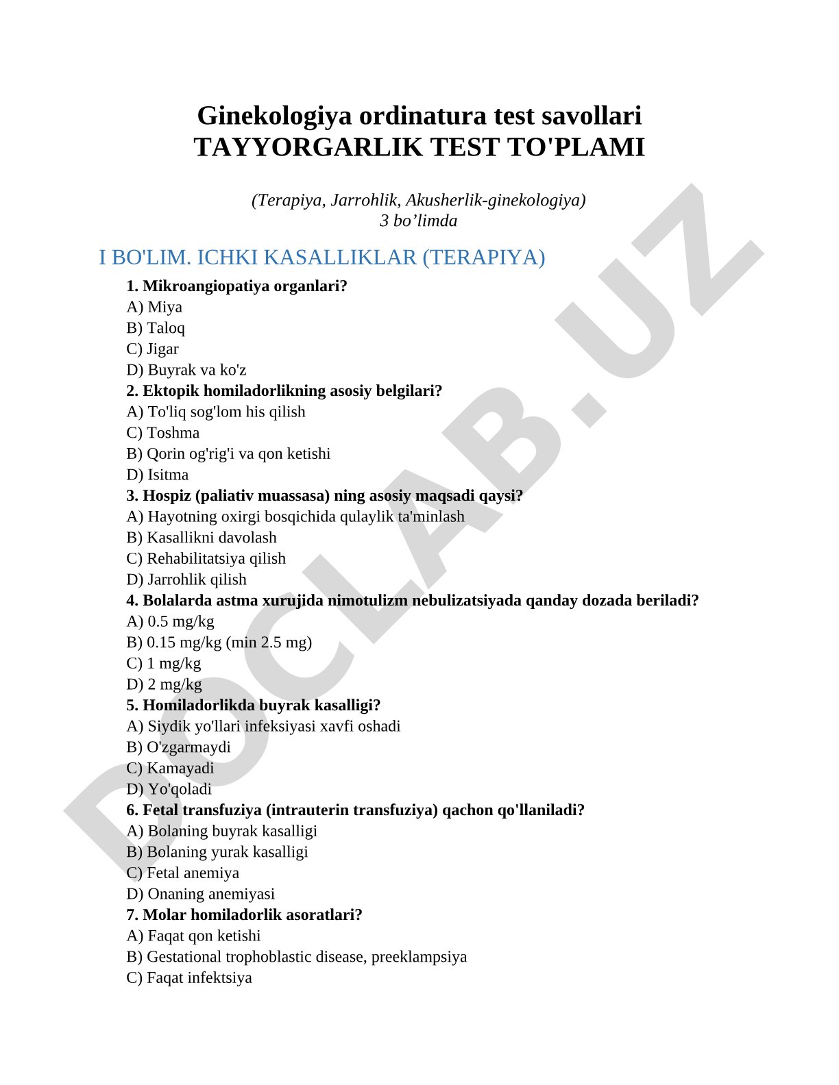 Ginekologiya ordinatura test savollari