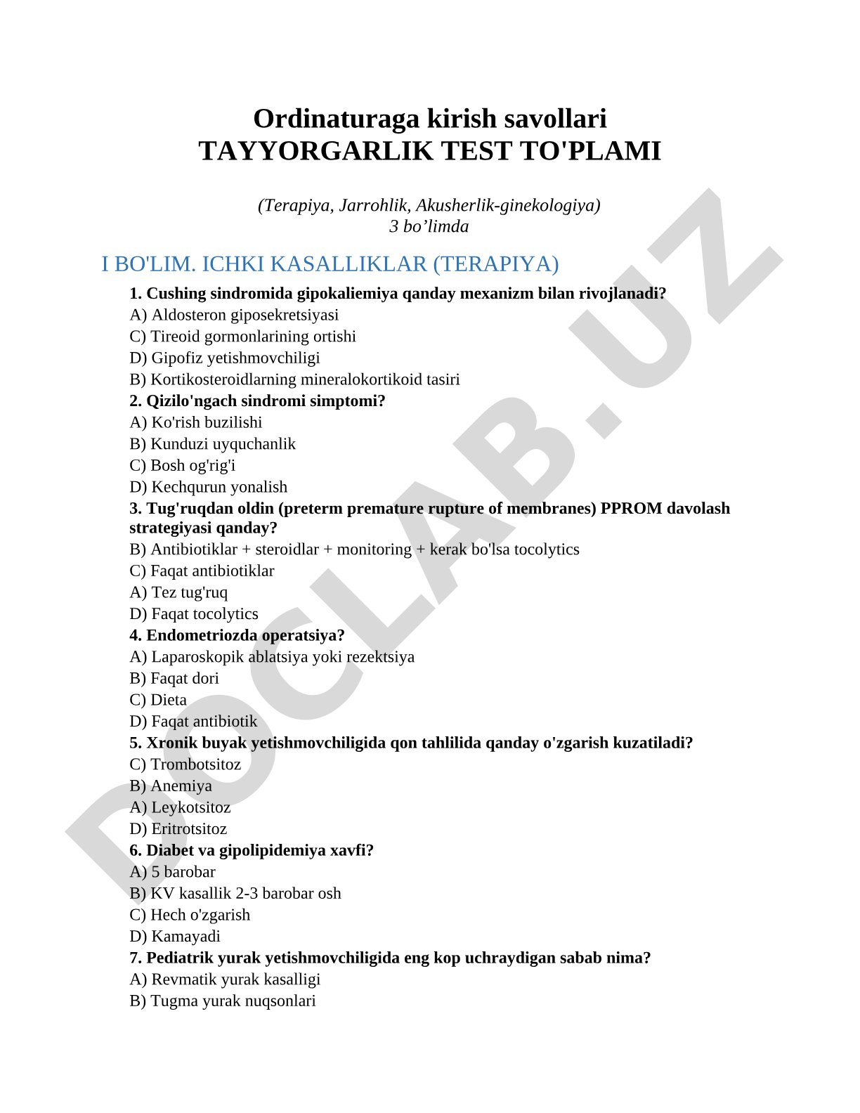 Ordinaturaga kirish savollari TAYYORGARLIK TEST TO'PLAMI (Terapiya, Jarrohlik, Akusherlik-ginekologiya)