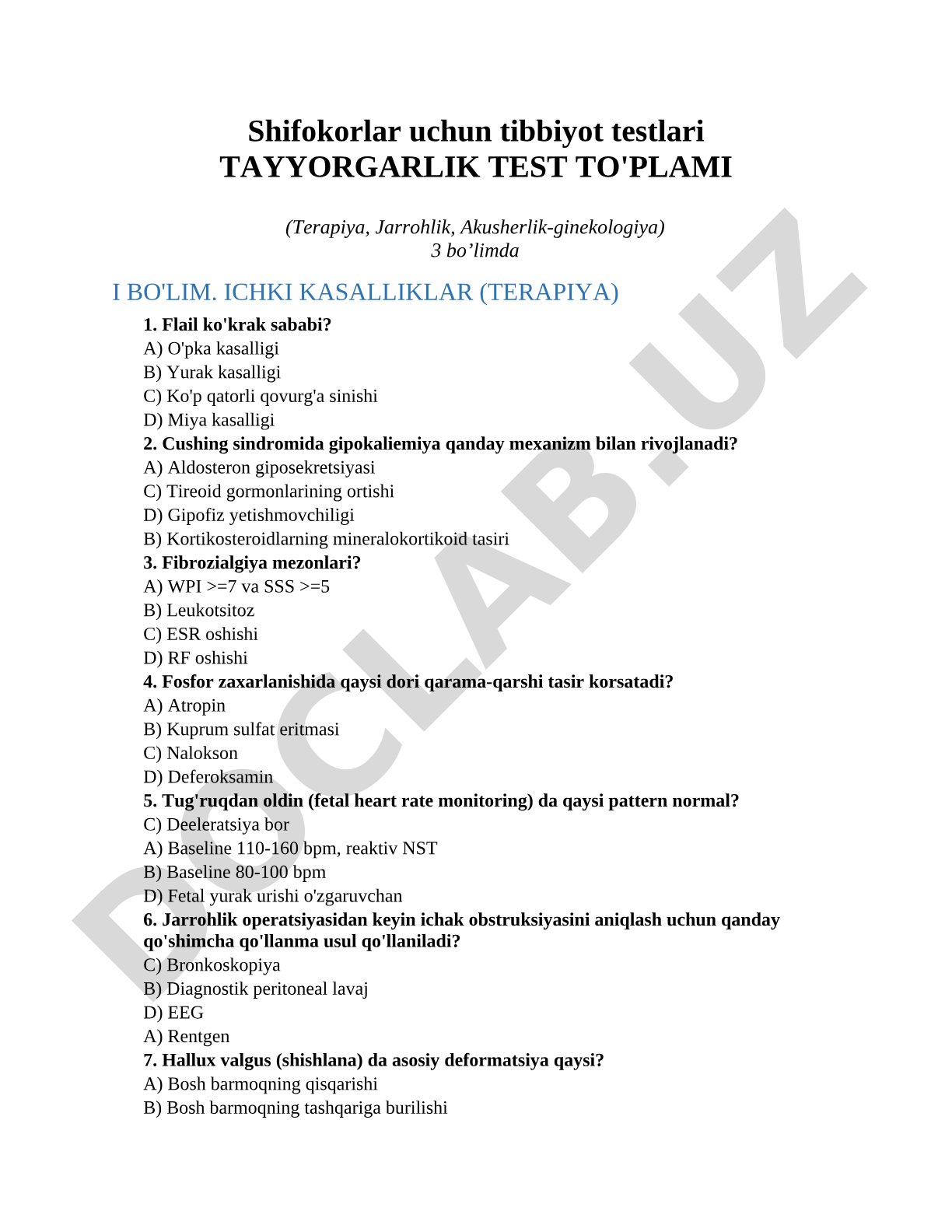 Shifokorlar uchun tibbiyot testlari tayyorgarlik test to'plami (Terapiya, Jarrohlik, Akusherlik-ginekologiya)