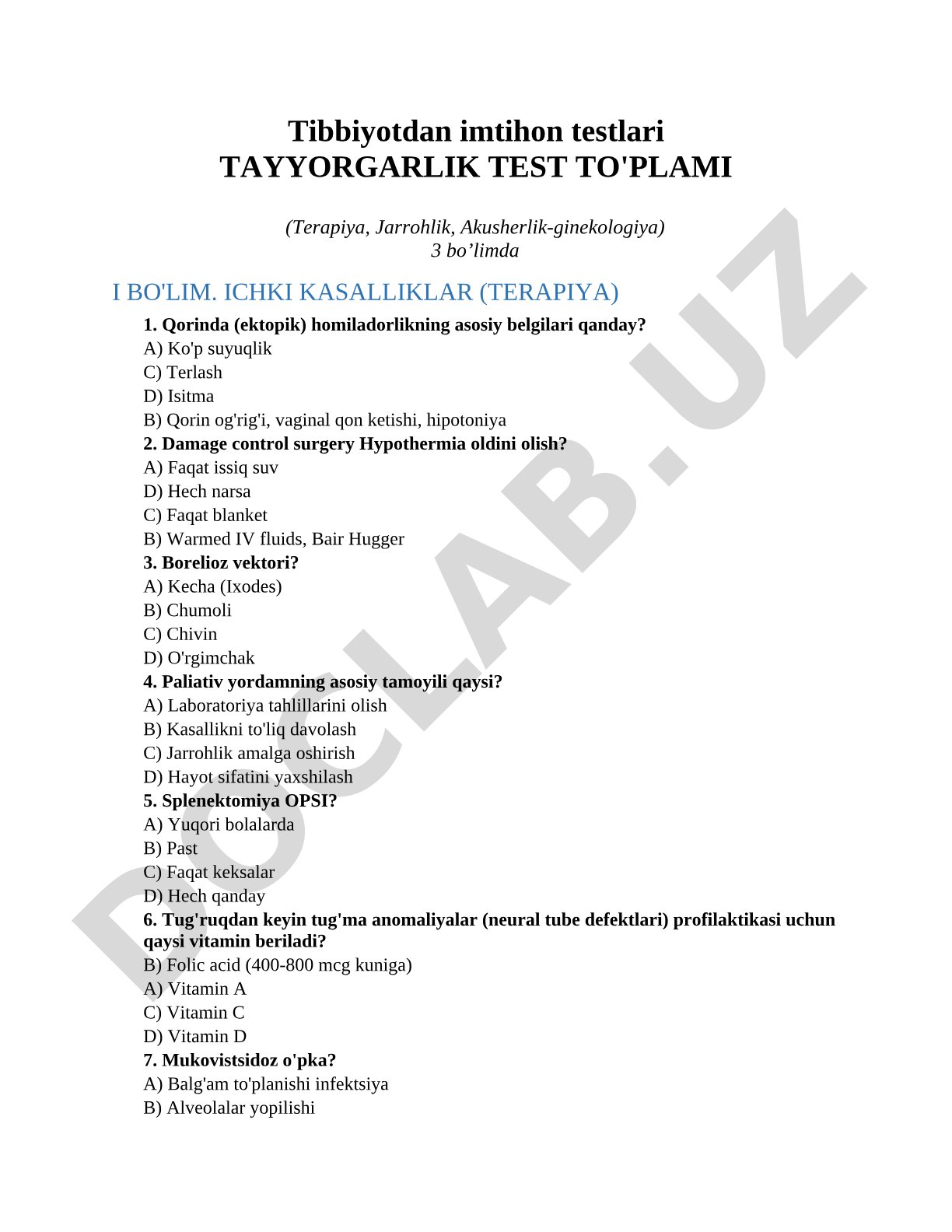 Tibbiyotdan imtihon testlari Tayyorgarlik test to'plami (Terapiya, Jarrohlik, Akusherlik-ginekologiya)