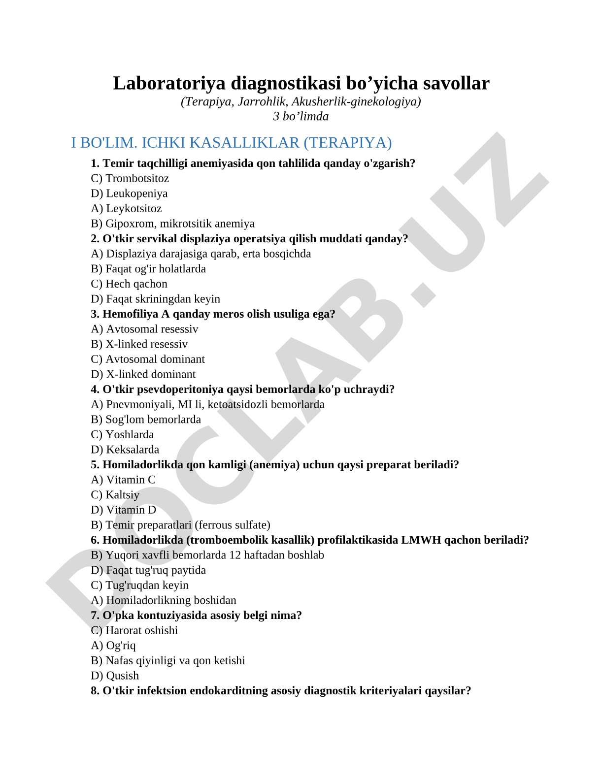 Laboratoriya diagnostikasi bo’yicha savollar (Terapiya, Jarrohlik, Akusherlik-ginekologiya)