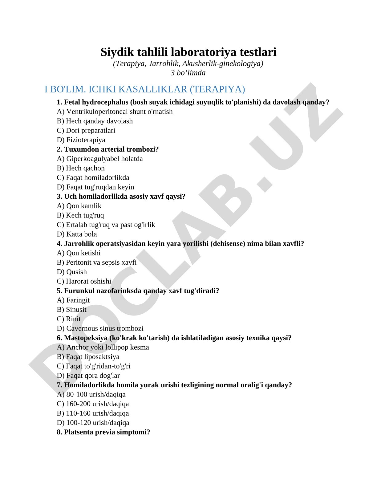 Siydik tahlili laboratoriya testlari (Terapiya, Jarrohlik, Akusherlik-ginekologiya)