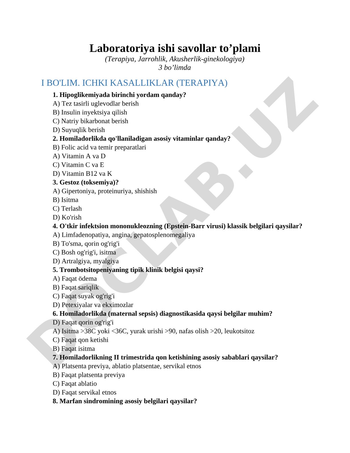 Laboratoriya ishi savollar to'plami (Terapiya, Jarrohlik, Akusherlik-ginekologiya)