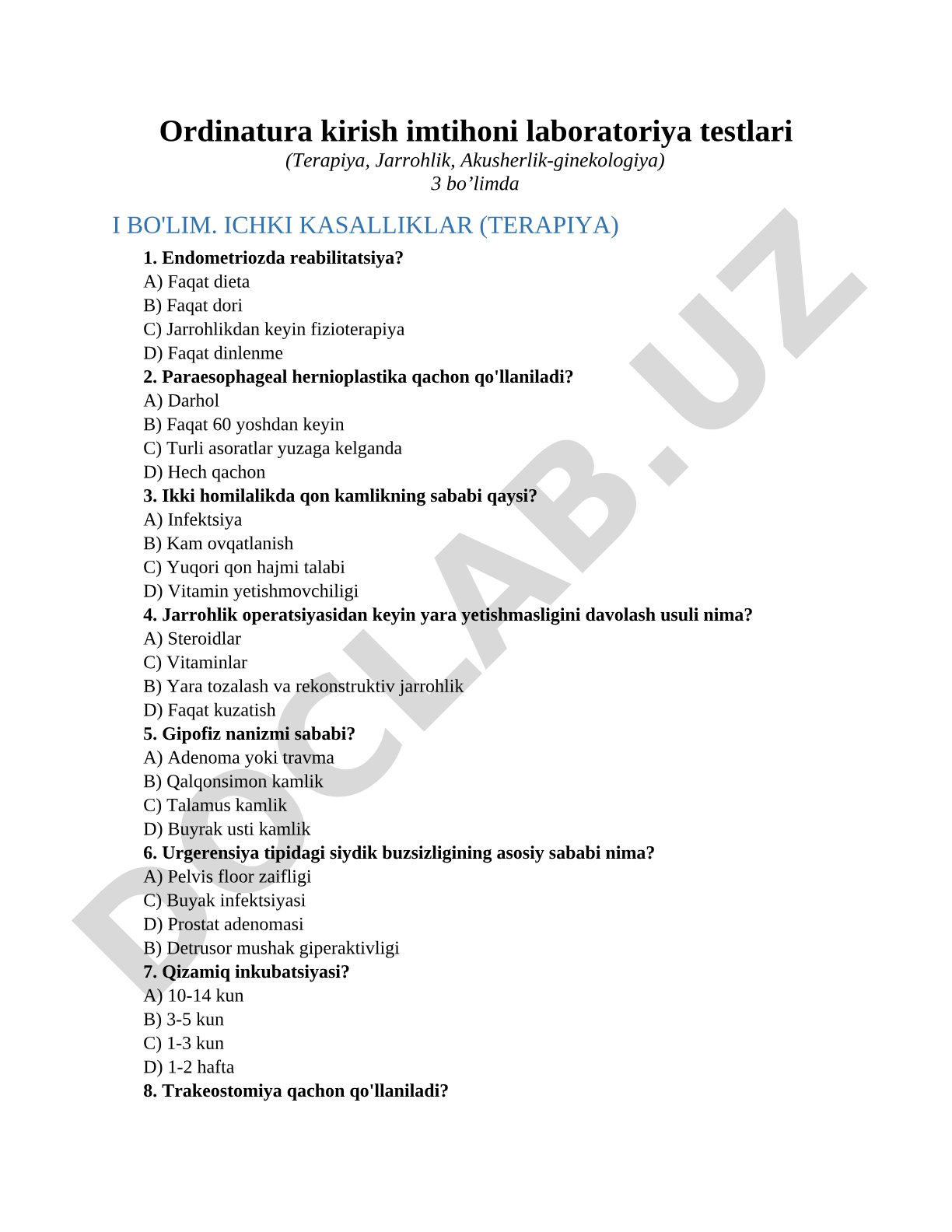 Ordinatura kirish imtihoni laboratoriya testlari (Terapiya, Jarrohlik, Akusherlik-ginekologiya)