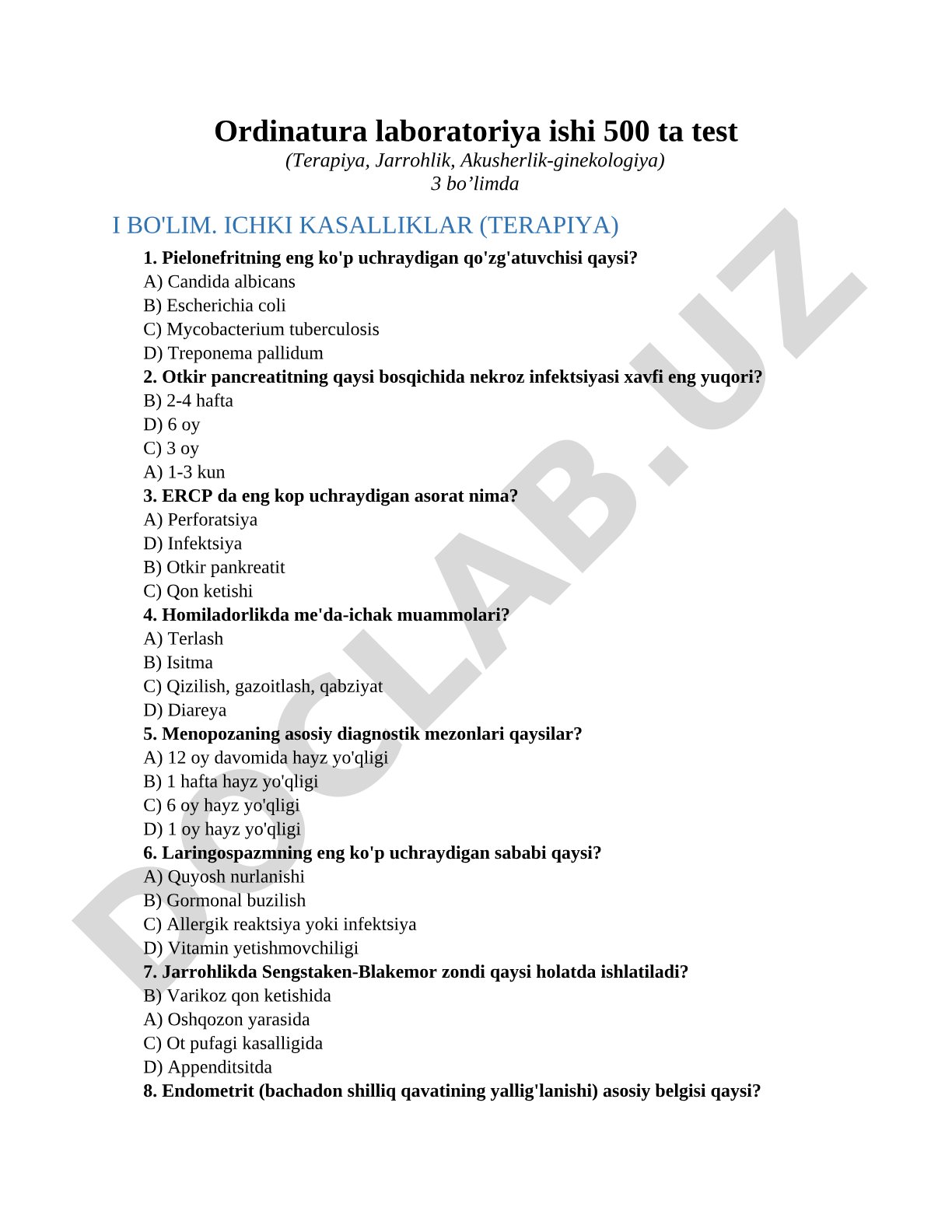Ordinatura laboratoriya ishi 500 ta test (Terapiya, Jarrohlik, Akusherlik-ginekologiya)