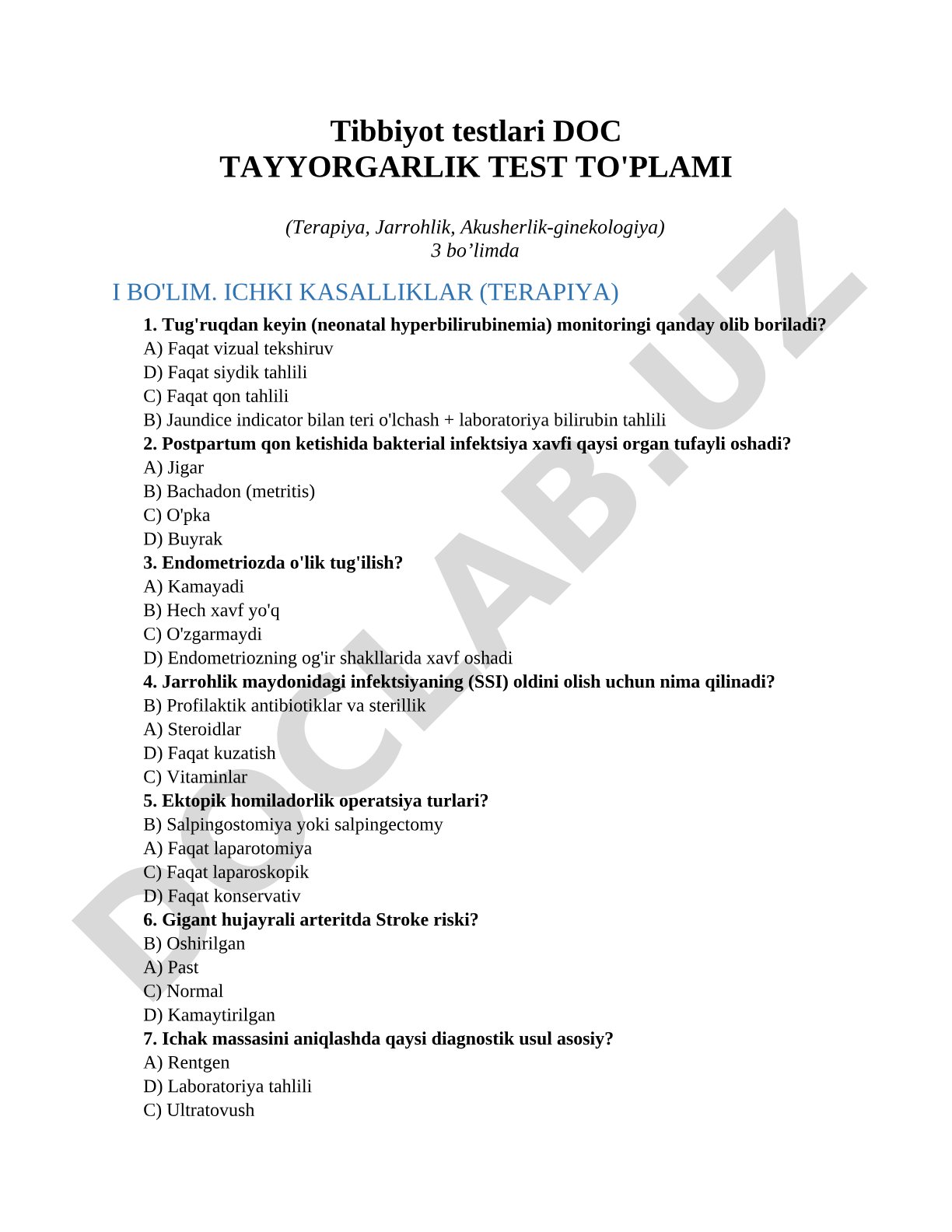 Tibbiyot testlari DOC TAYYORGARLIK TEST TO'PLAMI (Terapiya, Jarrohlik, Akusherlik-ginekologiya)