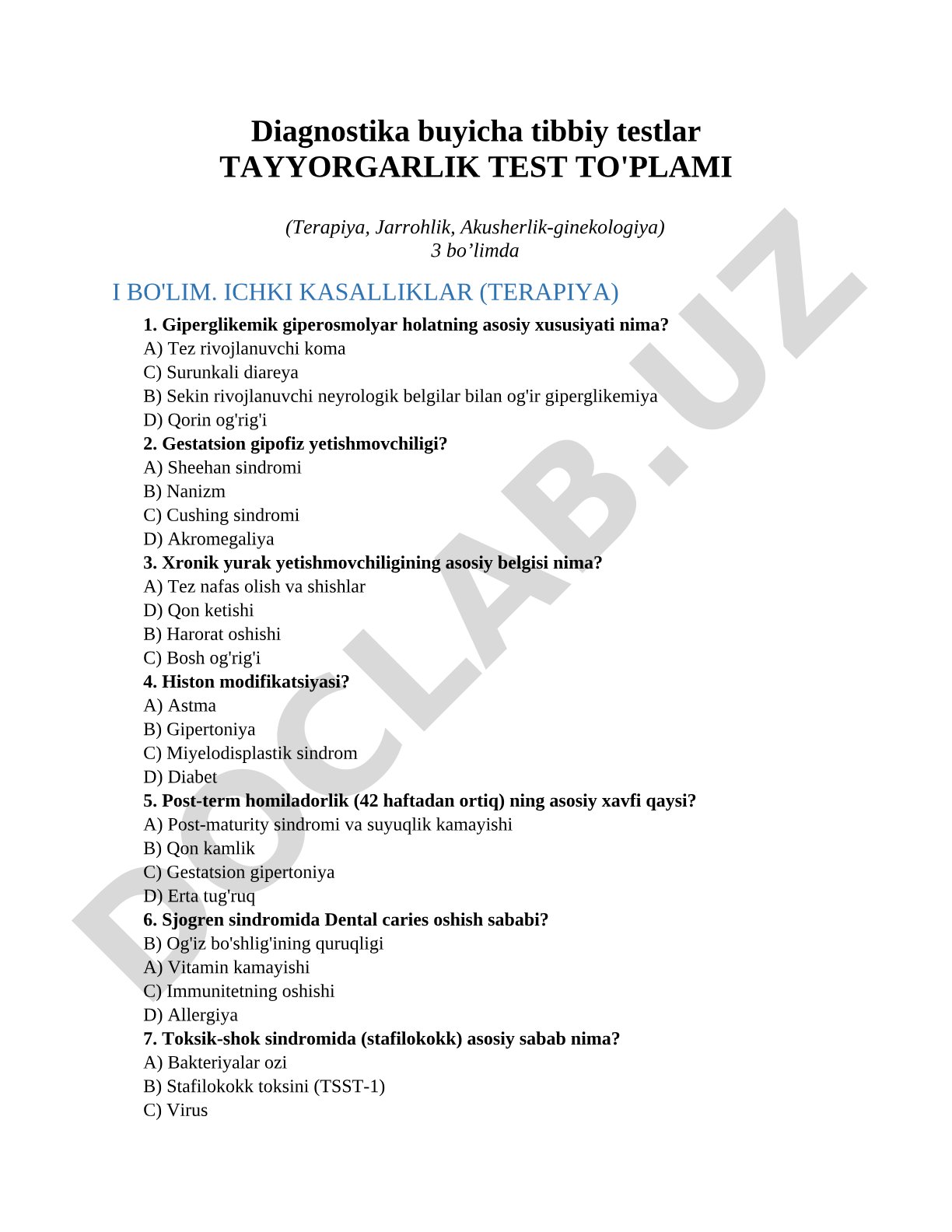 Diagnostika buyicha tibbiy testlar tayyorgarlik test to'plami (Terapiya, Jarrohlik, Akusherlik-ginekologiya)