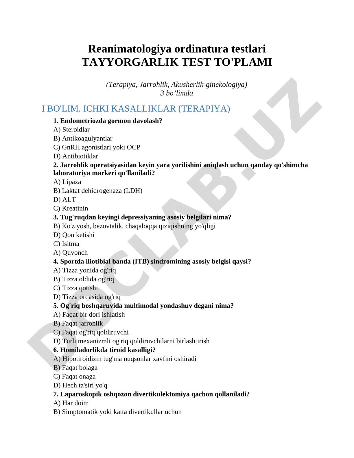 Reanimatologiya ordinatura testlari Tayyorgarlik test to'plami (terapiya, jarrohlik, akusherlik-ginekologiya)