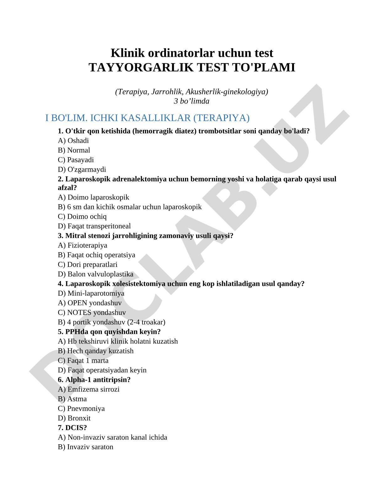 Klinik ordinatorlar uchun test tayyorgarlik test to'plami (terapiya, jarrohlik, akusherlik-ginekologiya)