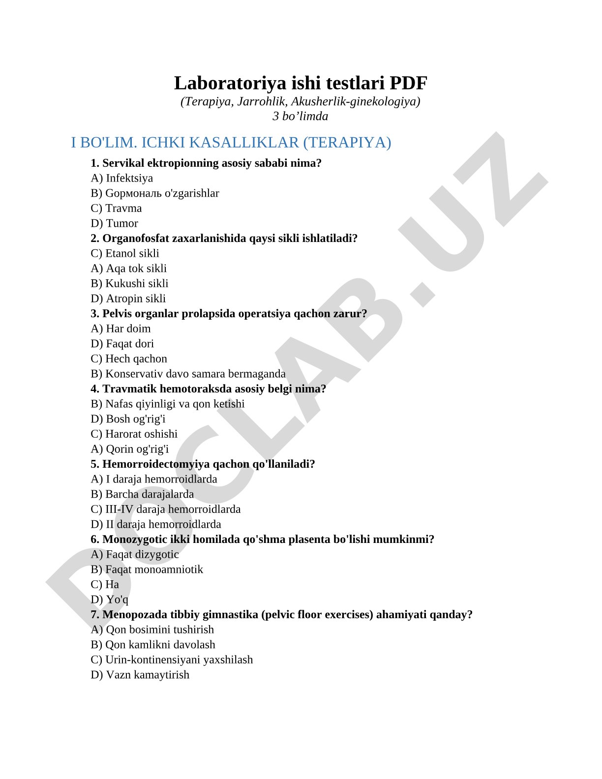 Ichki kasalliklar (terapiya) testlari