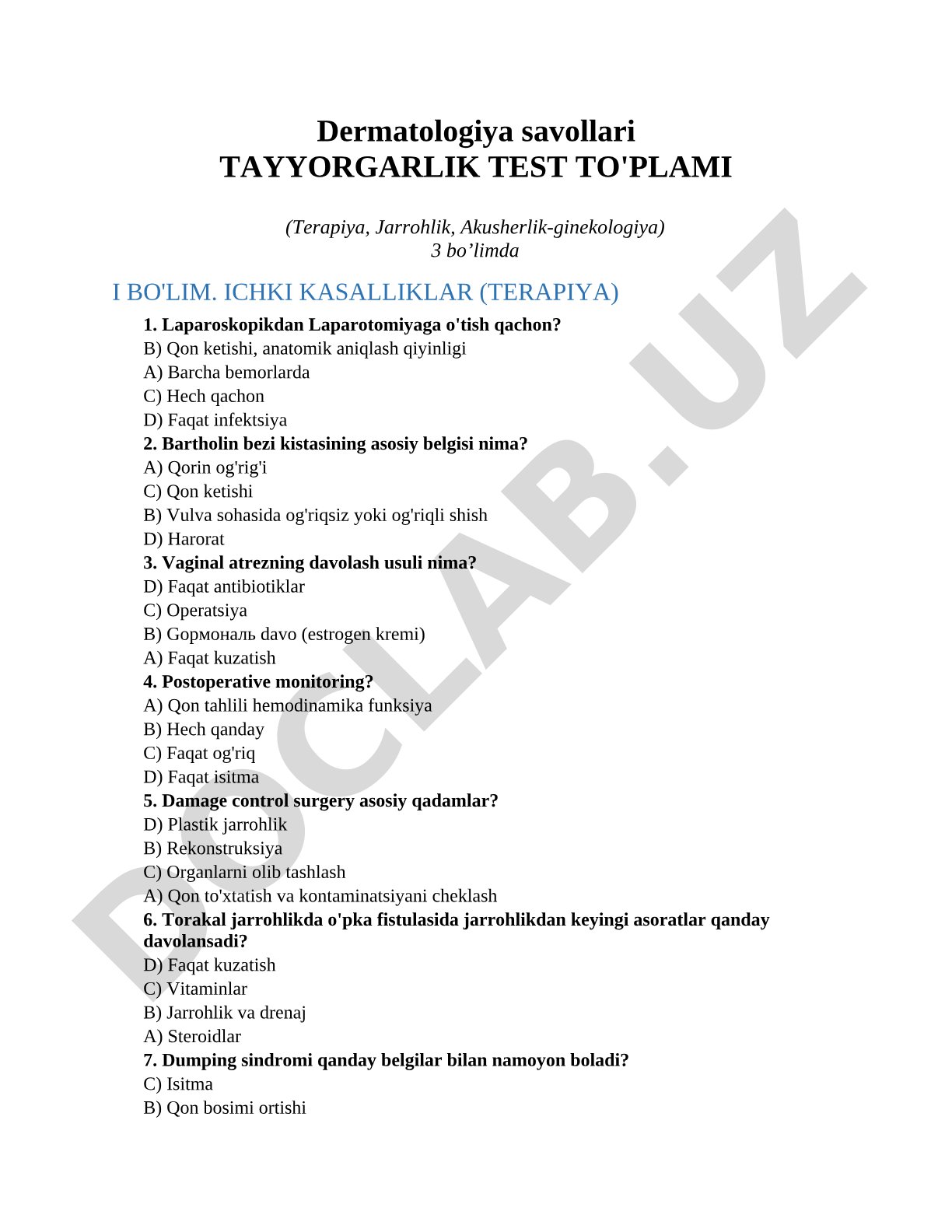 Dermatologiya savollari tayyorgarlik test to'plami (terapiya, jarrohlik, akusherlik-ginekologiya)