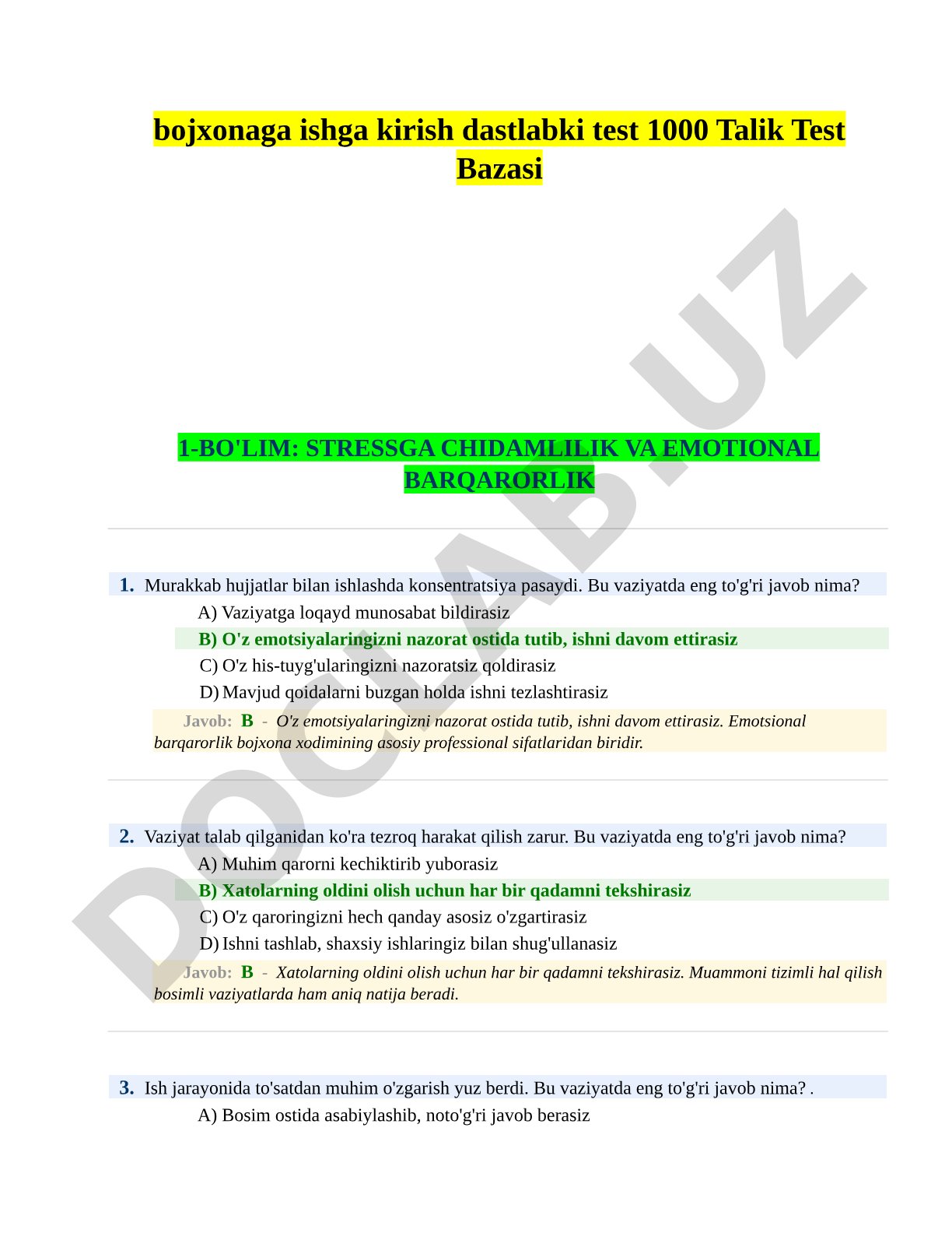 Bojxonaga ishga kirish dastlabki test 1000 Talik Test Bazasi