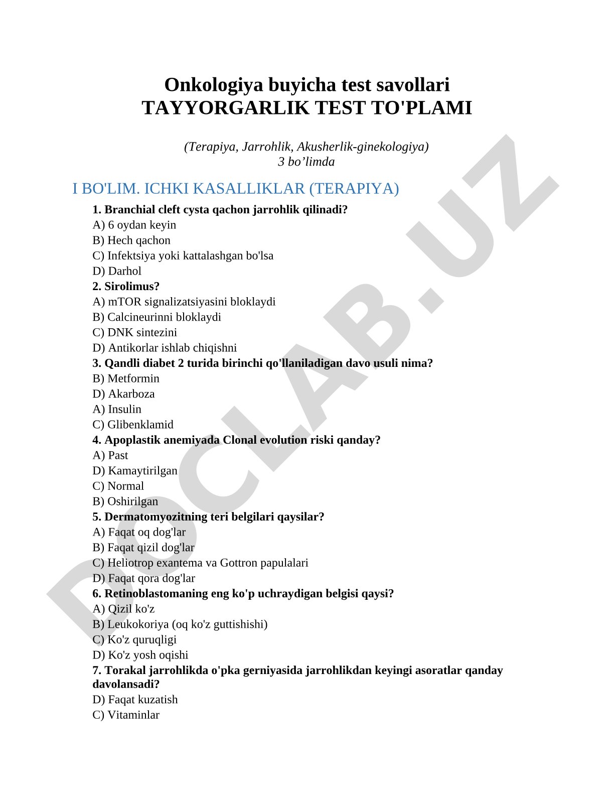 Onkologiya bo'yicha test savollari