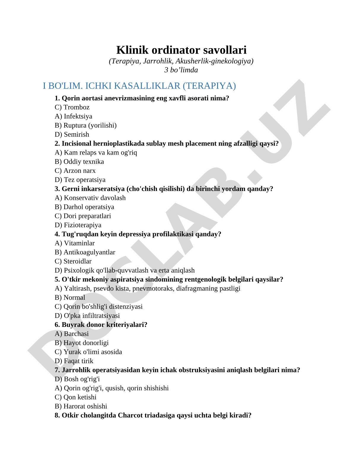 Klinik ordinator savollari (Terapiya, Jarrohlik, Akusherlik-ginekologiya)